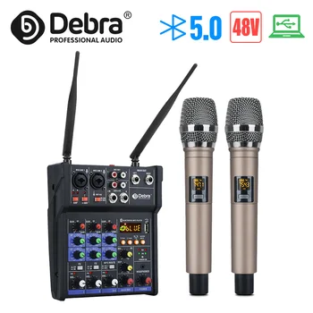 Дебра Стерео Аудио Смесител Вграден Безжичен UHF Микрофон, 4-канален смесителен Пулт с Bluetooth USB Ефект за DJ, Караоке PC Китара